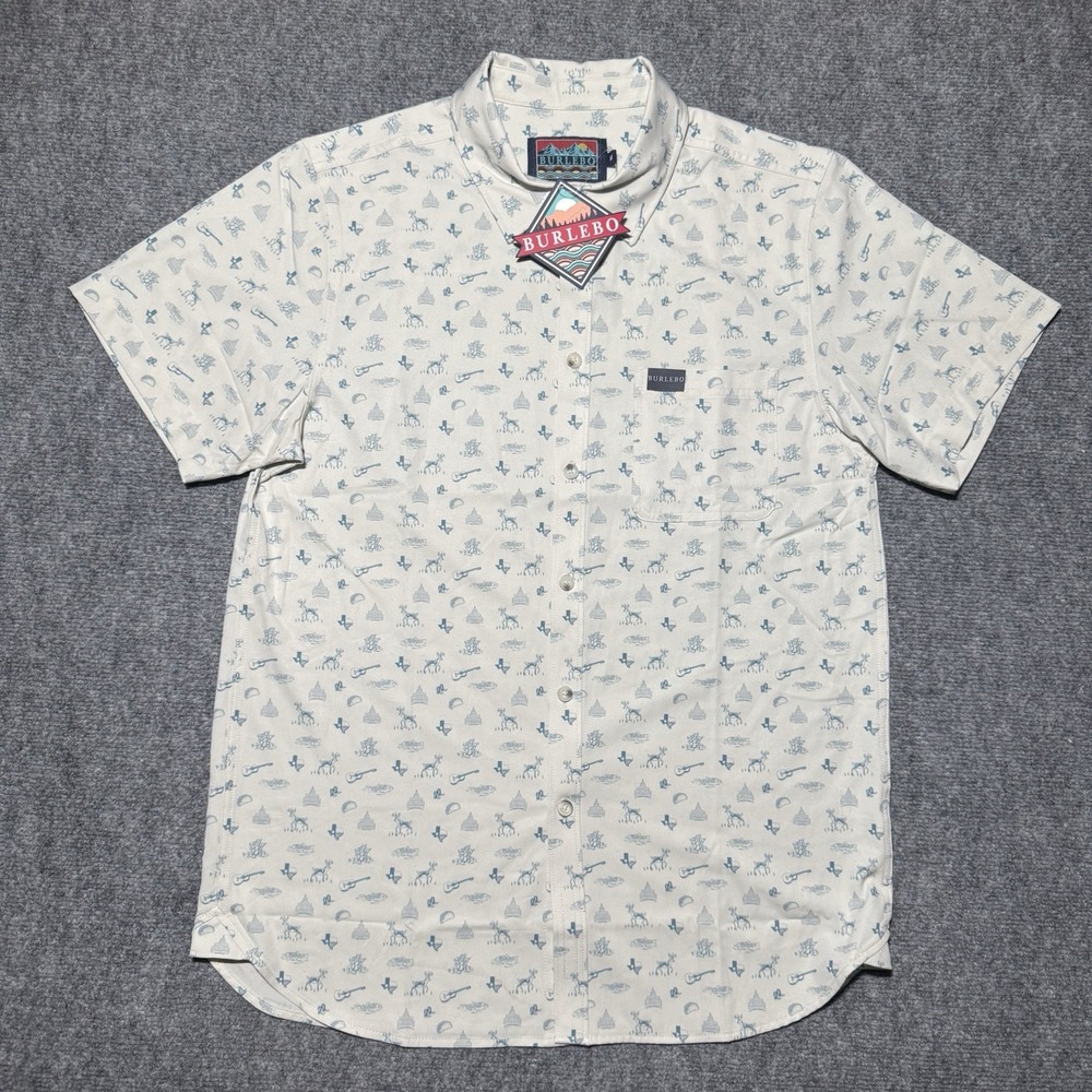 Burlebo Button Up Shirt White Lone Star State Texas Print Performance Men M NWT